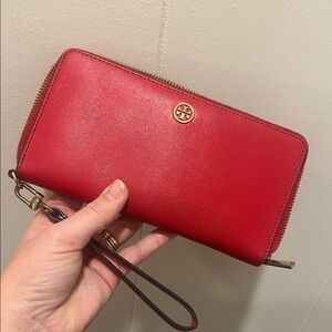 Tory Burch Red Leather Wallet with Zipper Closure and Wrist Strap